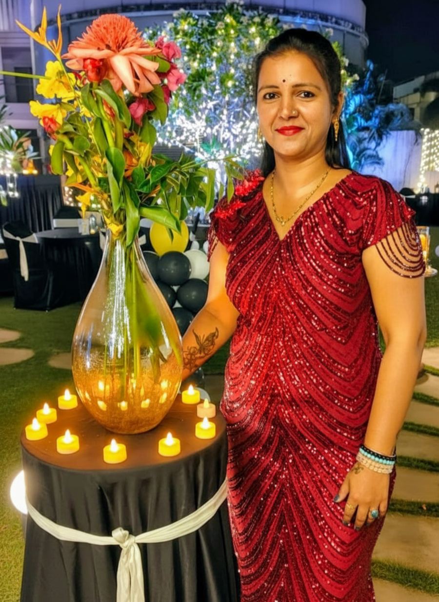 Priya at a decorated event venue